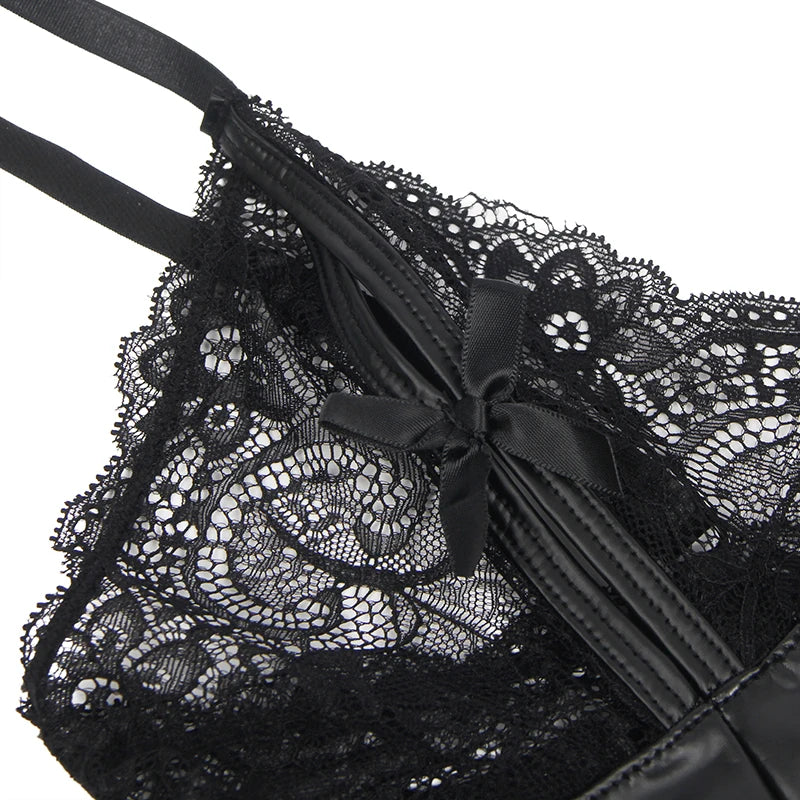Black Sexy Lingeries Faux Leather Hollow Out Ruffled Lace Zipper Deep V-Neck Jumpsuits Adjustable Straps Elegant Women Bodysuits