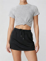Women's Yoga Outfit Set Black Stripe Tennis Skirt Workout Clothes Short Sleeve O Neck Sports T Shirts Mini Skorts Fitness Sets