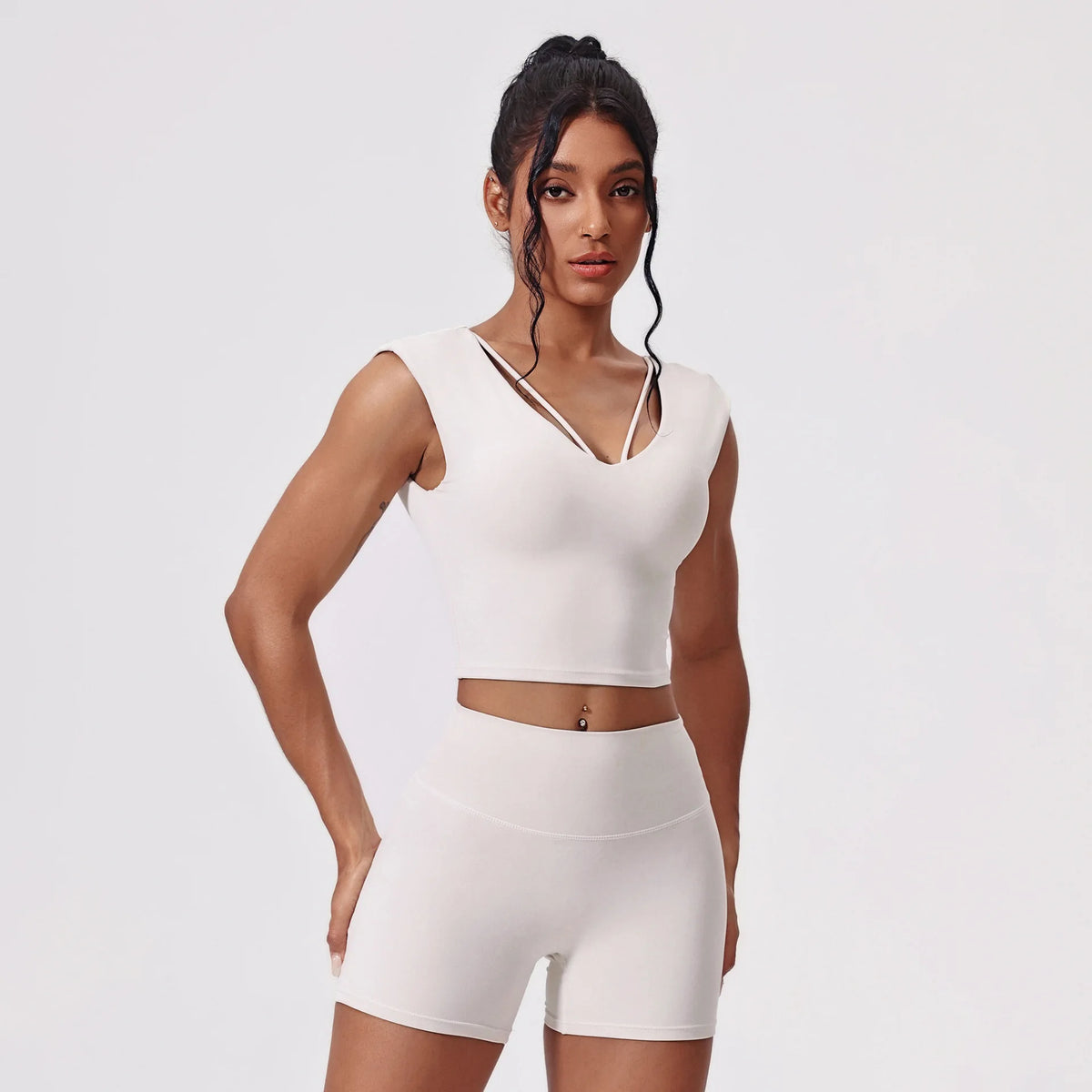 Naked Yoga Sets Women Gym V Neck Slim Sports Vest High Waist Shorts 2 Piece Fitness Suits Outwear Running Workout Tracksuit