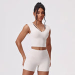 Naked Yoga Sets Women Gym V Neck Slim Sports Vest High Waist Shorts 2 Piece Fitness Suits Outwear Running Workout Tracksuit