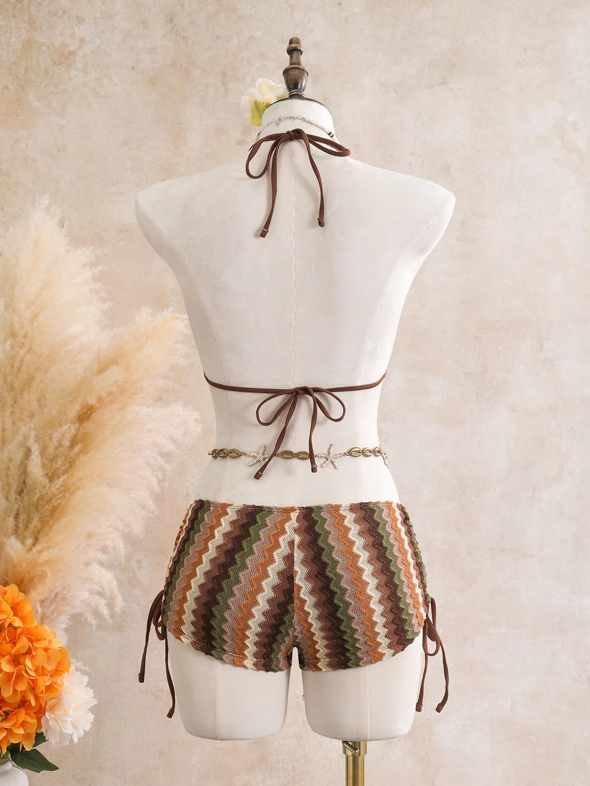 Vintage Blue Striped Knitted Cover Up 3 Piece Bikini Set 2026 Swimwear Women Push Up Bra Drawstring High Waist Shorts Swimsuit