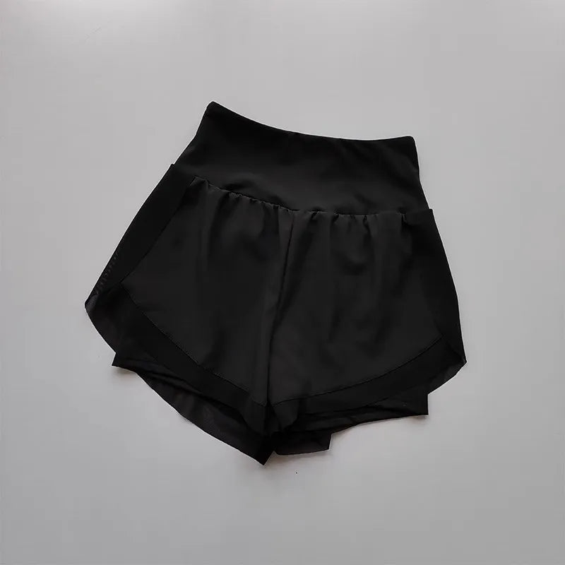 Women's yoga shorts, summer mesh fake two-piece quick drying anti glare fitness high waisted yoga pants