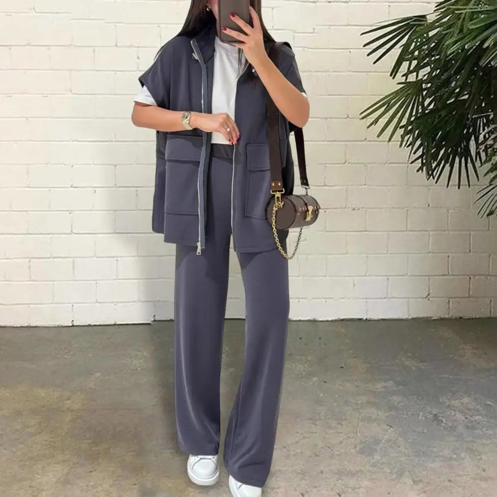 Women's Two Piece Outfit Casual Full Zip-up Short Sleeve Shirt And Wide Leg Pants Set Office Casual Lounge Tracksuit