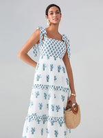 Flower Print Tie Strap Swing Dress Women A-Line Square Neck Tiered Ruffled Summer Bohemian Beach Long Tank Dress