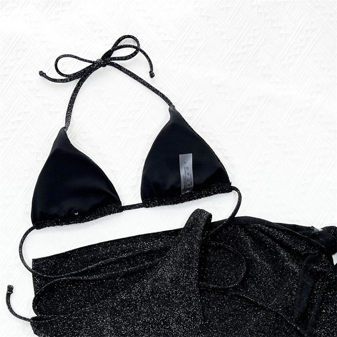 Glitter Sparkling Wrap Around Bikini Women Swimwear Female Swimsuit Three-piece Bikini set Sarong Bather Bathing Suit Swim V3679