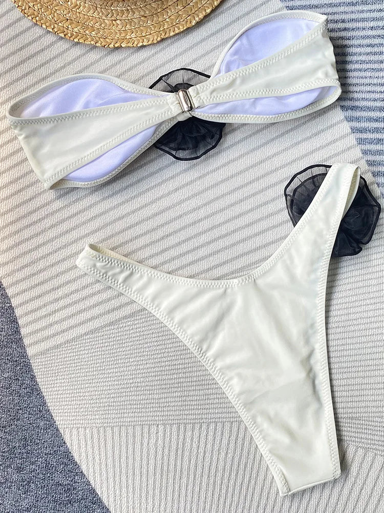 3D Flowers Striped Bikinis Strapless Bandeau Bikini 2025 Female Swimsuit Women Swimwear Two-pieces Bikini Set Bathing Suit Swim