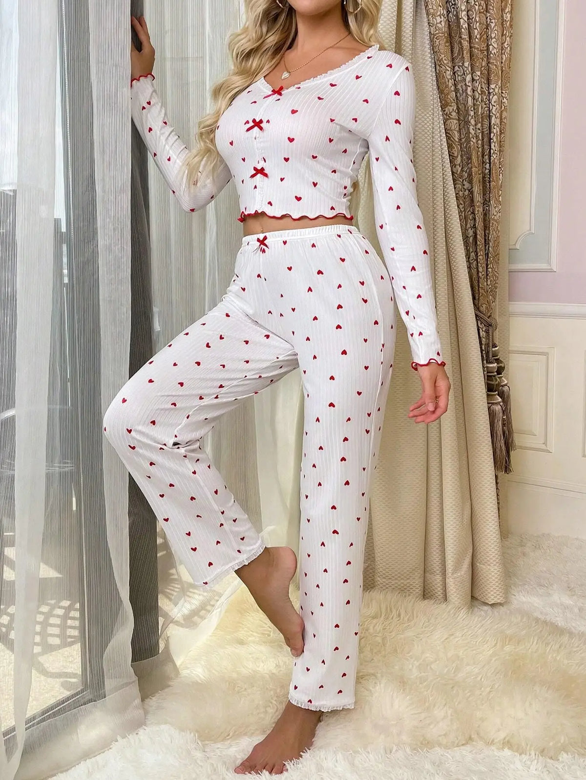 Autumn Winter Sleepwear Women Pajama Set Lace V-neck Bow Heart Print Long Sleeves Pullover &Trousers Loungewear Outfit