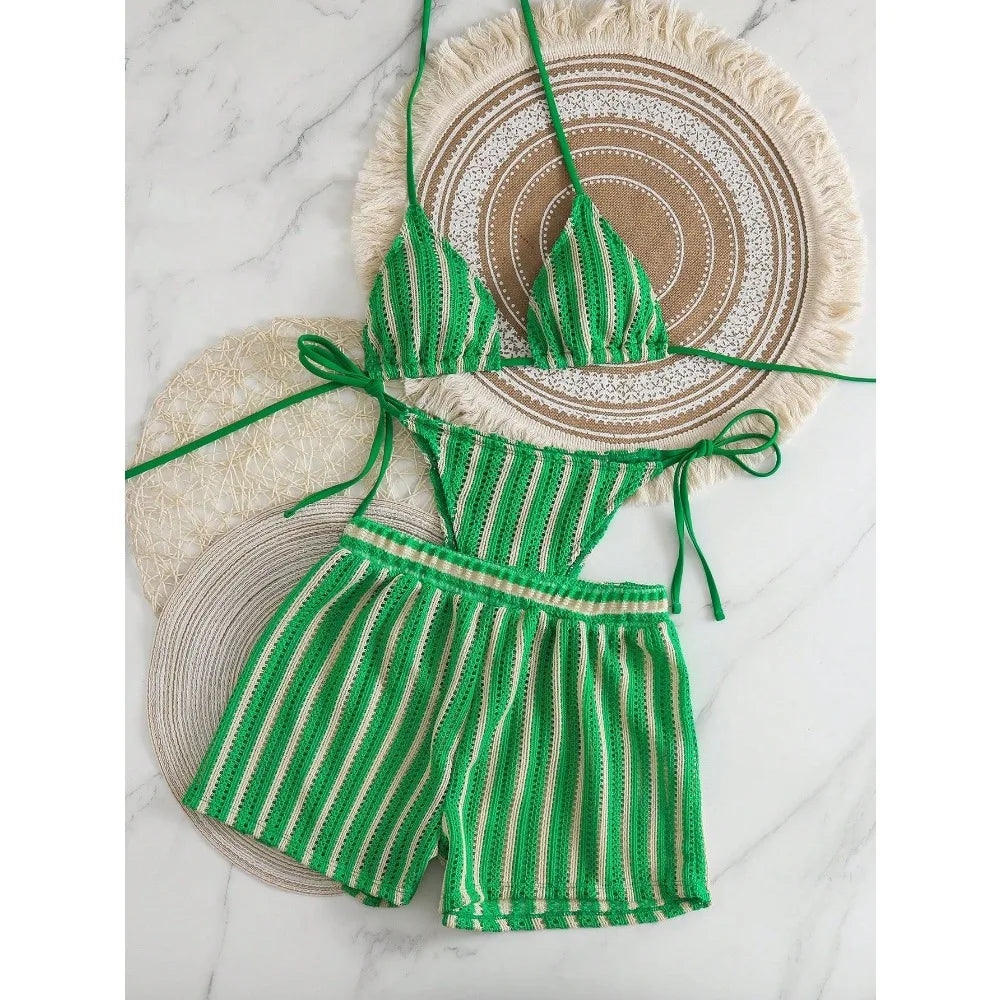New Retro 3 Pieces Knitted Mesh String Bikini Set Swimsuit Women Blue Striped Swimwear with Shorts Beach Wear Boho Bathing Suit