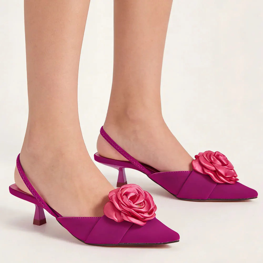 2026 Big Size 43 Summer Women's Pointy Toe Kitten Heels Slingback Satin Sandals Elegant Sandal Rose Flower Office Lady Shoes