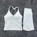 Women Gym Yoga Short Cycling Set Cross Back Gym Bra Tank Top +High Waist Cycling Short Leggings High Impact Shockproof Sportwear