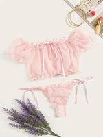 Mesh Dot Printed Off Shoulder Transparent Ruffle Bralette Bra and Panty Thong Underwear Sets Women's Sexy Lingerie Intimates