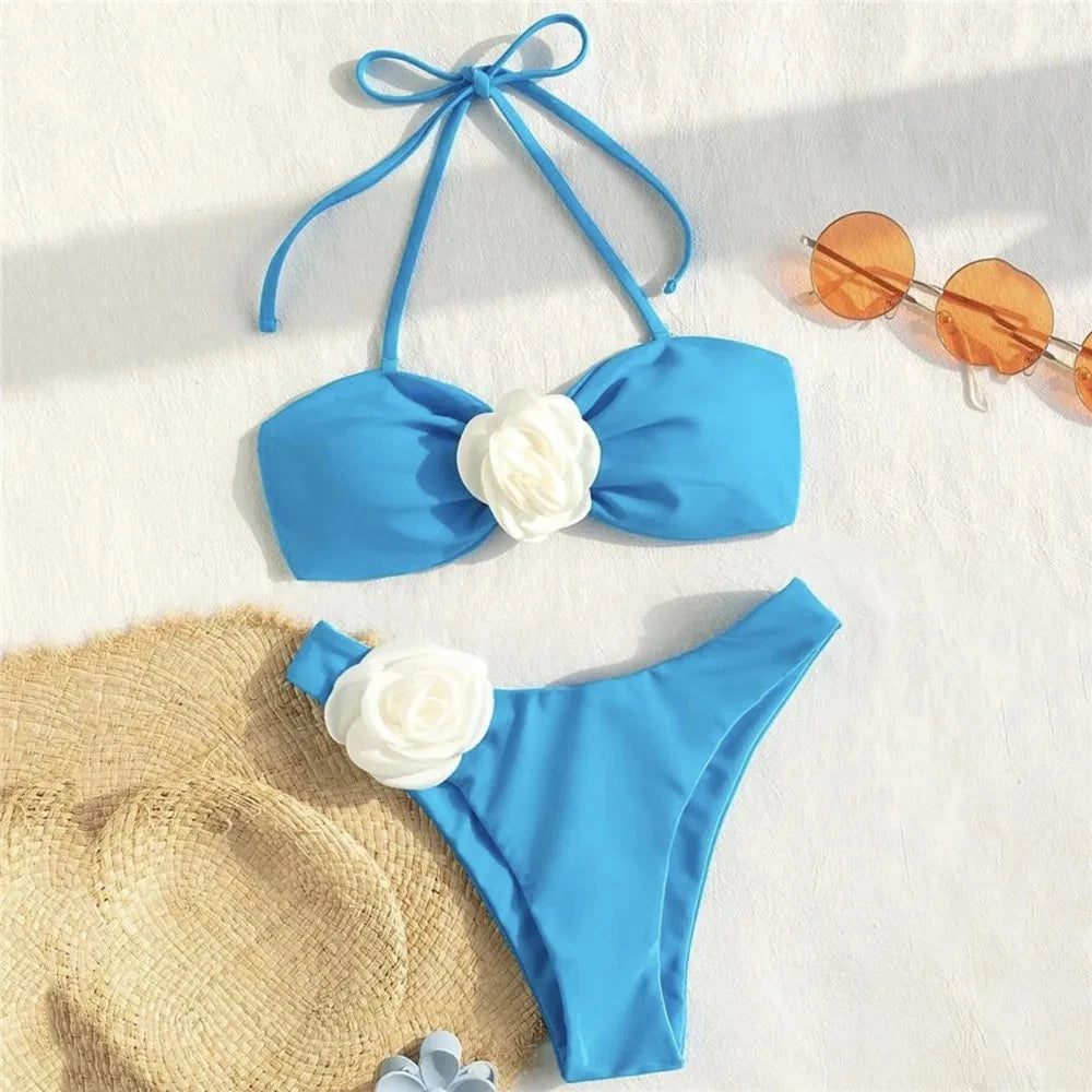 Sexy Flower Bandeau Swimwear Thong Bikini 2026 Women Lace-up Swimsuit Swimming Bathing Suit Brazilian Bikinis Sets Mujer Biquini