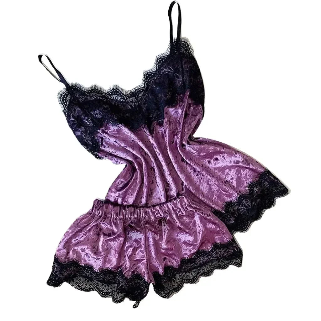 Summer Lace Sleepwear Sexy Satin Pajamas Set Women Nightshirt 2 Pieces Crop Tops and Shorts Set Homewear Loungewear