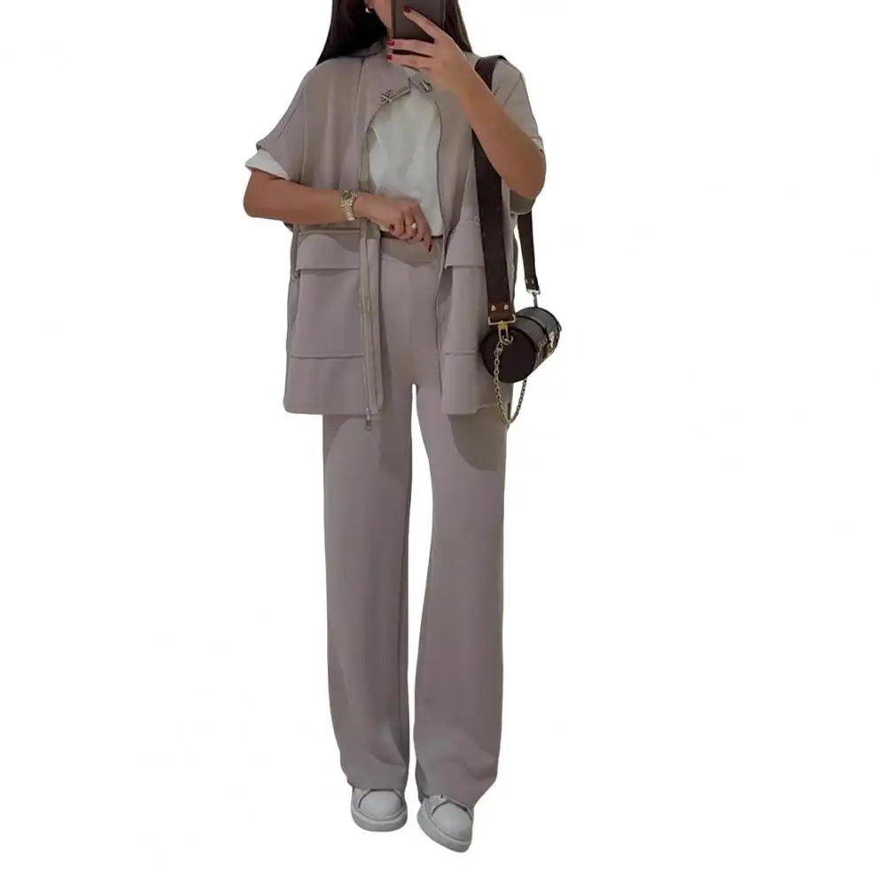 Women's Two Piece Outfit Casual Full Zip-up Short Sleeve Shirt And Wide Leg Pants Set Office Casual Lounge Tracksuit