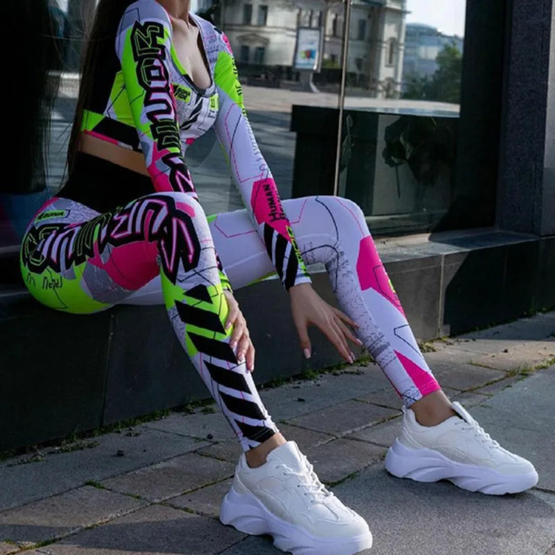 2 Piece Sets Women's Clothes Stylish Color-Block Letter Print Tops V-shaped High-waist Yoga Leggings Gym Clothes Woman 90322