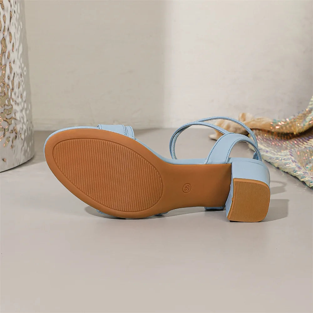 Big Size 42 Classic Blue Ankle Strap Sandals for Women Elegant Summer Block Heels Office Lady Daily Wear Shoes