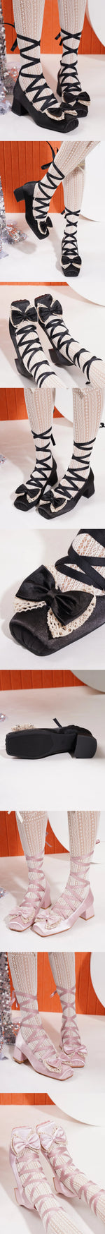 2026 y2k Block High Heels Summer Vintage Black Satin Pink Lolita Mary Janes Shoes Women Sweet Cross-tied Ballet Pumps Footwear