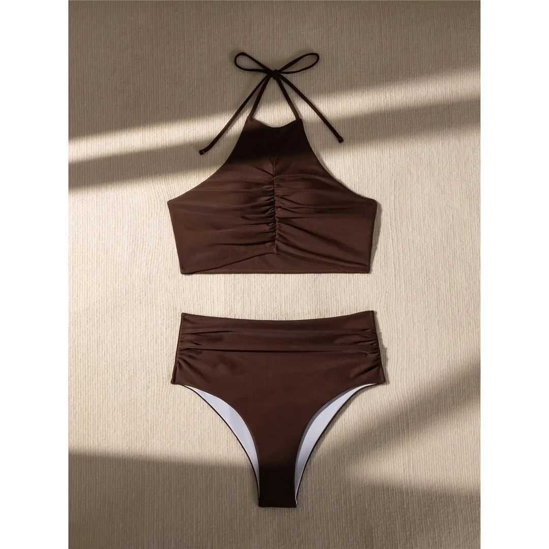 Halter Wrinkled High Neck Female Swimsuit High Waist Bikini Women Swimwear Two-pieces Bikini set Bather Bathing Suit Swim K5616