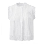 Summer Women’s Button Down Eyelet Tops Solid Color Sleeveless Round Neck Lace Trim Shirts Daily Casual Blouse Summer