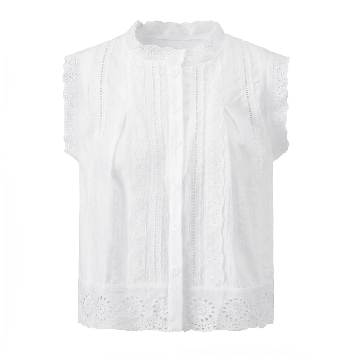 Summer Women’s Button Down Eyelet Tops Solid Color Sleeveless Round Neck Lace Trim Shirts Daily Casual Blouse Summer
