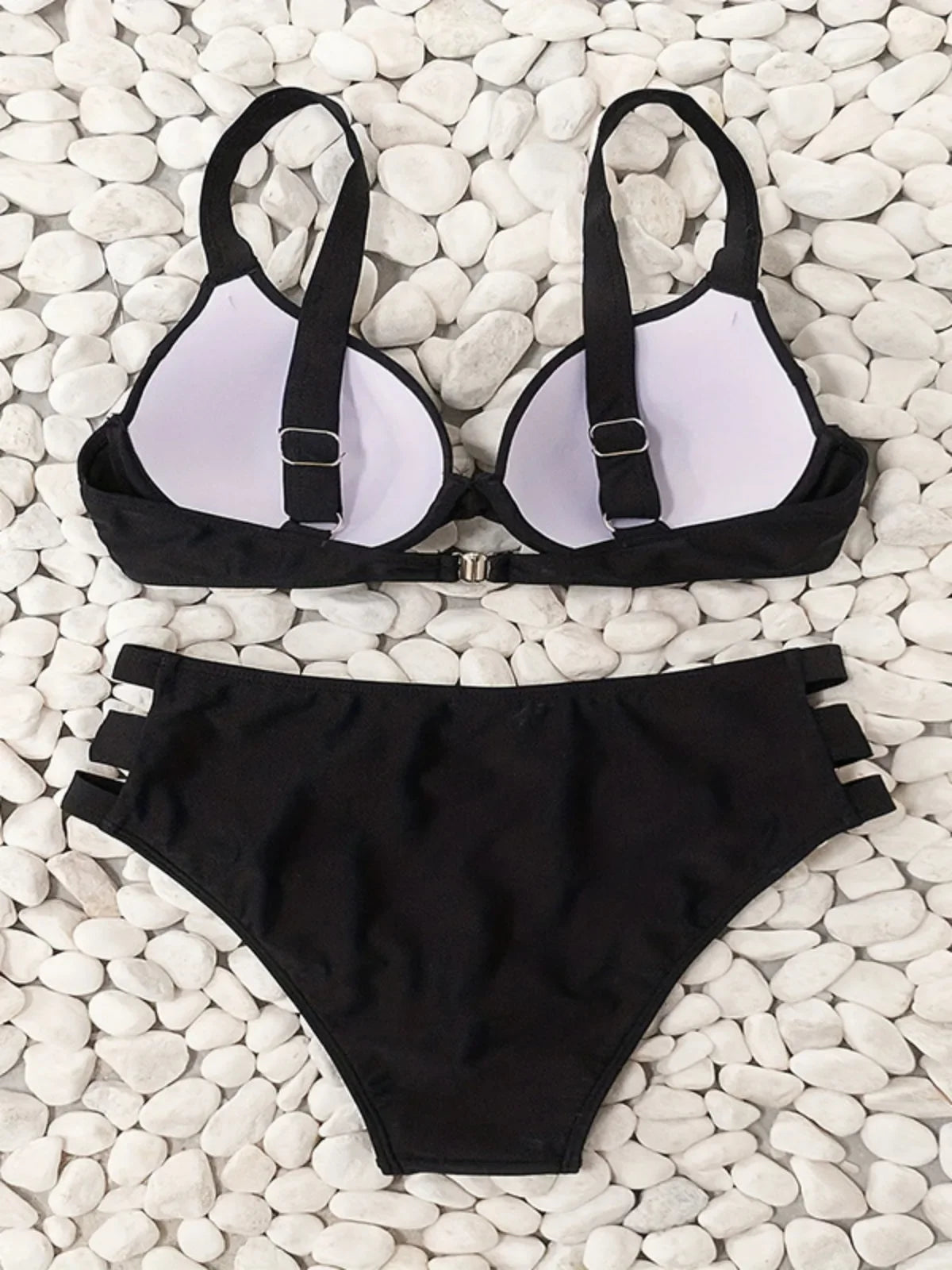 Solid Color Black Two Piece Swimsuit for Women Sexy Underwire V-neck Suspender Backless Bikini Set High Waist Beach Swimwear