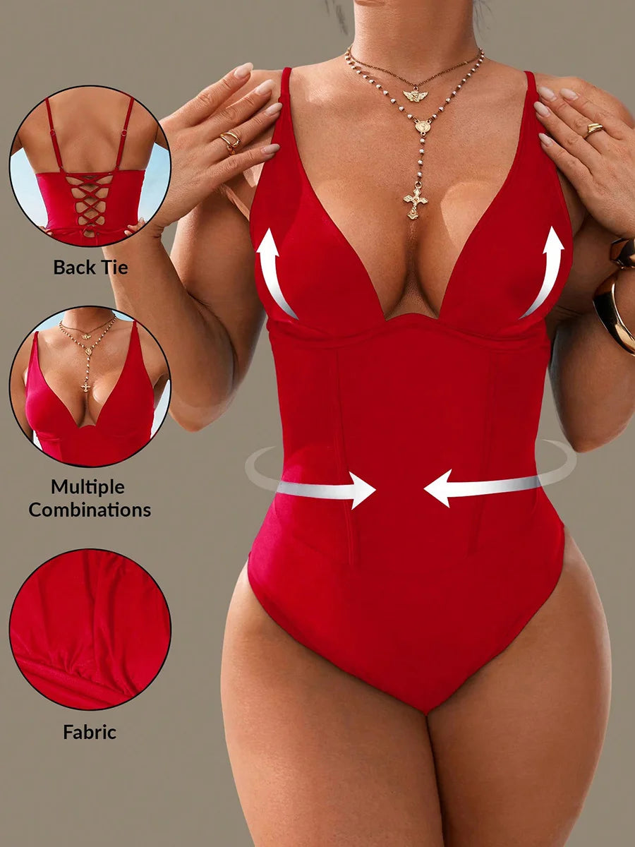 S - XL V Neck Tummy Control Female Swimwear One Piece Swimsuit Women Monokini Lace Up High Cut Bather Bathing Suit Swim Bodysuit