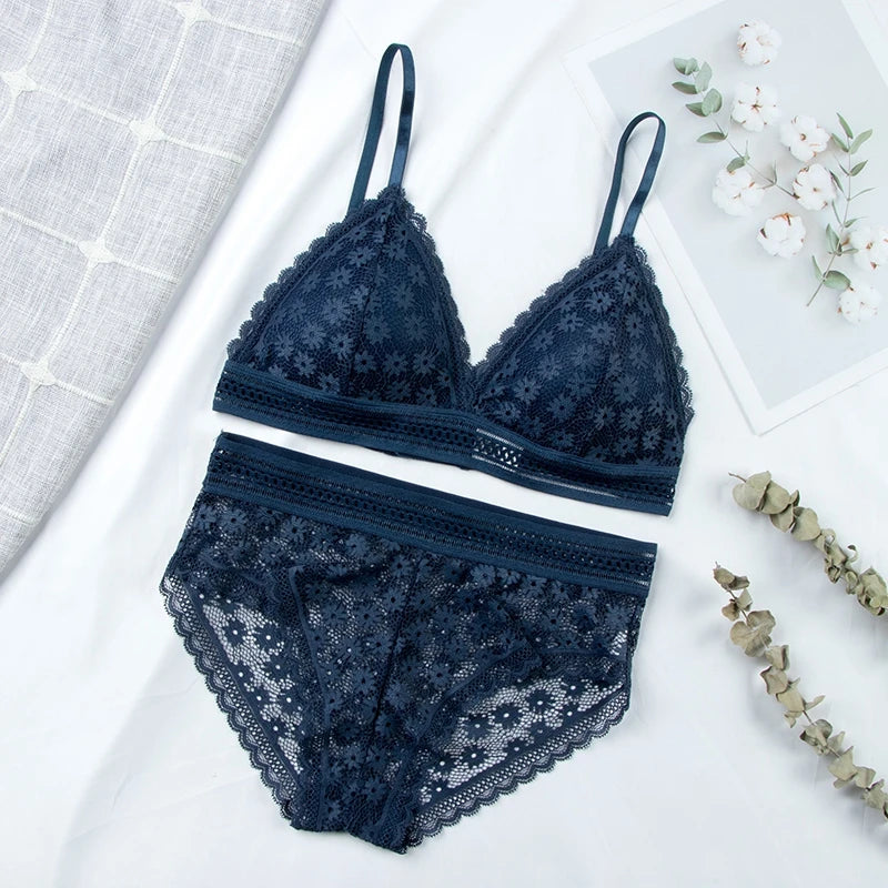 Women Floral Lace Bras Suit Solid Underwear Padded Breathable Vest With Briefs Sexy Hollow Out Bralette Thin Lingerie One Size