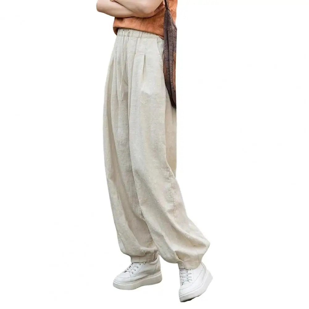 Solid Color Harem Trousers Women Casual Pants Elastic Waist Adjustable Drawstring Solid Color Wide Leg Trousers