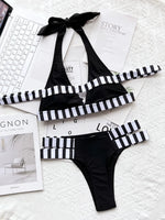 New Sexy Bikini Women Swimwear Swimsuit Striped Patchwork Hollow Halter Knotted High Waist Bikinis Set Bathing Suit Beach Bikini