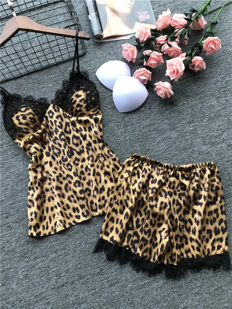 Sexy Leopard Print Sleepwear Women's Cami Top and Shorts Pajama Set Lace Trim Loungewear Trendy Animal Print Pjs New Hot Gift