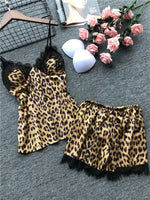 Sexy Leopard Print Sleepwear Women's Cami Top and Shorts Pajama Set Lace Trim Loungewear Trendy Animal Print Pjs New Hot Gift