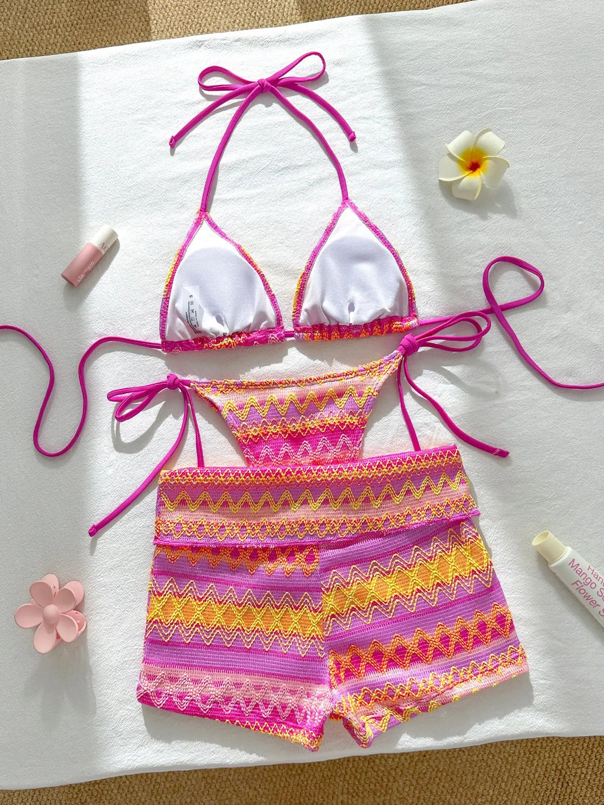 Sexy Red Striped Knitted Bikini Set 2026 Women Patchwork Push Up Bra Thong Swimsuit Beach Bathing Suit Cover Up 3 Piece Swimwear