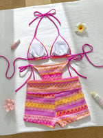 Sexy Red Striped Knitted Bikini Set 2026 Women Patchwork Push Up Bra Thong Swimsuit Beach Bathing Suit Cover Up 3 Piece Swimwear