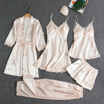 5 Pcs/Set Silky Satin Women Pajamas Set Nightgown Nightdress Top Shorts Pants Set Lace Patchwork Loose Thin Women Sleepwear