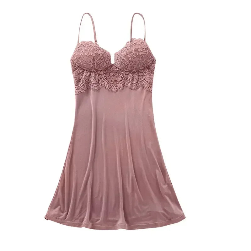 Women's Spring/Summer French style Silk Breathable nightress with Bra sexy Nightgown for Ladies bottoming dress