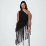Women's Summer One Shoulder Tank Tops Fashion Sleeveless Solid Color Ruched Tassel Hem Slim Fit Vest