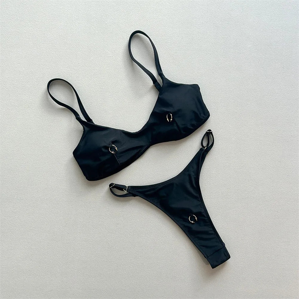 Sexy Solid Black Triangle Micro Bikini Thong Set Swimsuit Women 2026 Metal Ring Ladies Swimwear Bathing Suit Bikinis Mujer