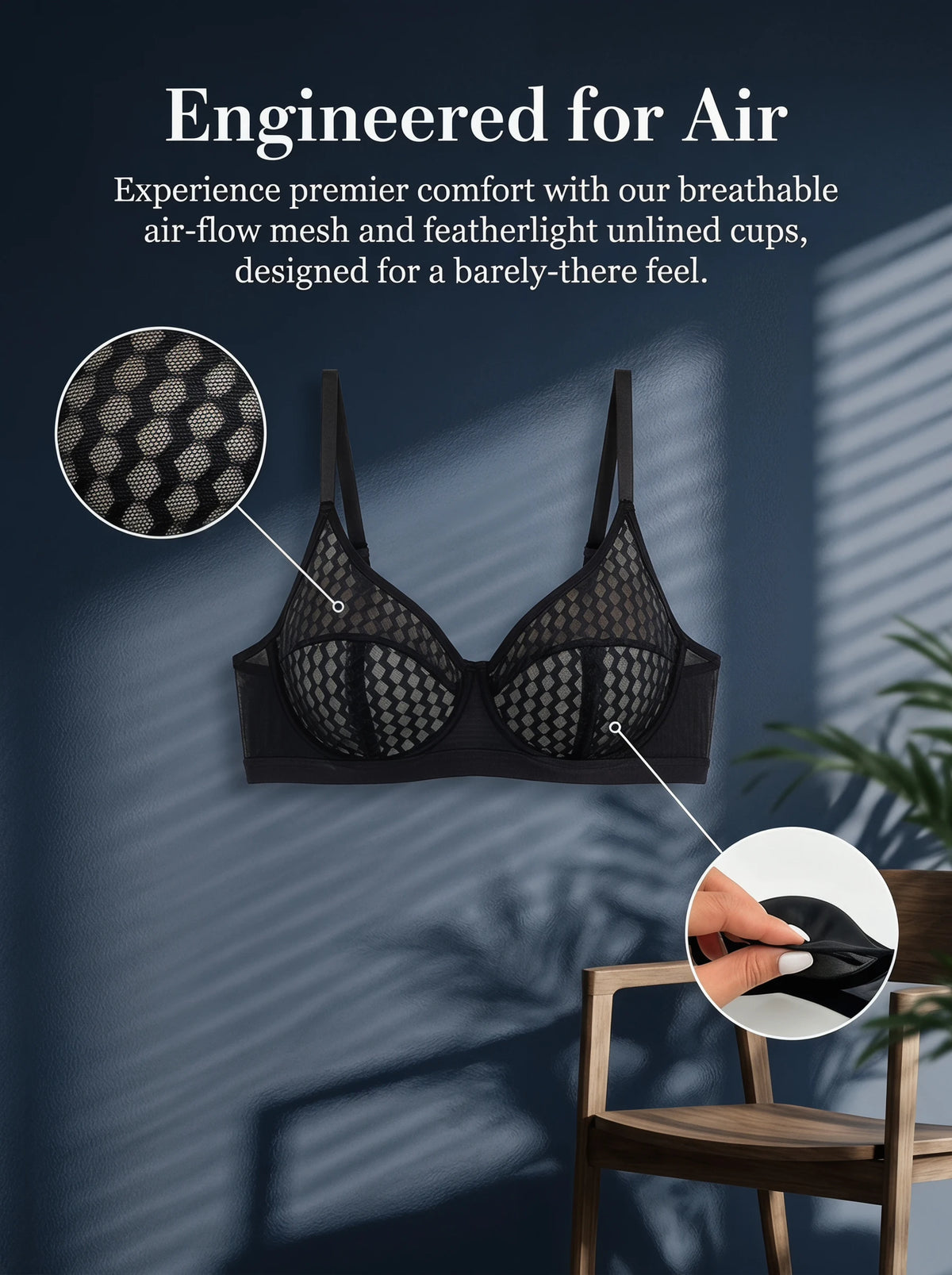 Women Black Mesh Bra Unlined Lightweight Air Flow Breathable Sexy Lace Underwire Balconette Lingerie with Sheer Cup YS2814