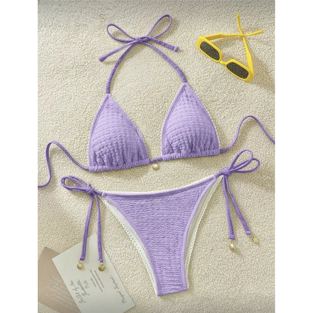 High Cut Leg Two-Pieces Bikini Set Bather Bathing Suit Swim Wrinkled Crinkled Halter Bikini Women Swimwear Female Swimsuit M125