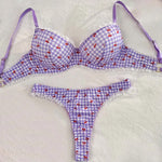 Cherry Print Bralette Set Sweet Lace Trim Women's Lingerie French Style Thin Bra Panty Light Purple Plaid Intimate Underwear Set