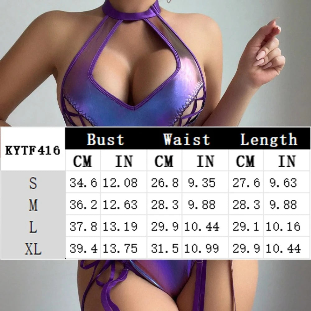 Metallic Halter Bodysuit Lingerie Cutout Lace Up Side Design Garter Clips Detachable Strap Cosplay Party Intimate Costume Outfit