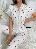 Spring Summer Pajama Set for Women Sleepwear Lace Trim Heart Print Short Sleeve Top & Full-Length Pants Nightwear Loungewear