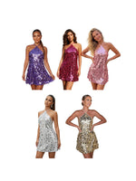 Women Summer Mini Dress Sparkly Sequin Sleeveless Halter Backless Slip Dress for Evening Party Date Night Streetwear