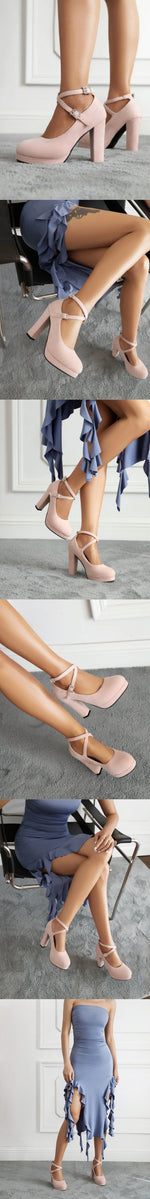 2026 Plus Size 43 Elegant Pink Cross-strap Pumps Office Lady Classic Black High Heels Shoes Women Purple Platform Party Shoes