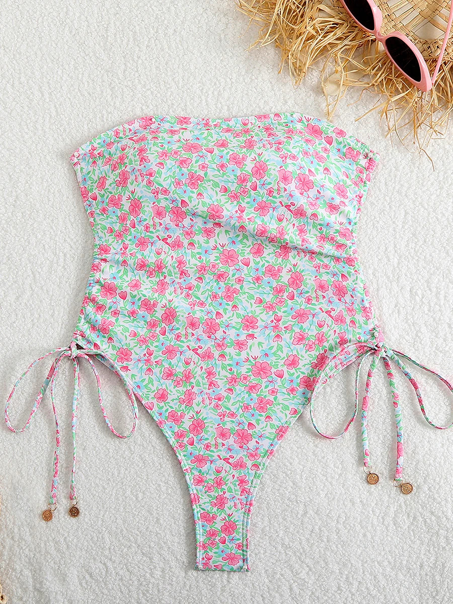 2026 Sexy Drawstring High Cut Swimsuit One Piece Printed Swimwear Women Bathers Bathing Swimming Swim Suit Female Beachwear