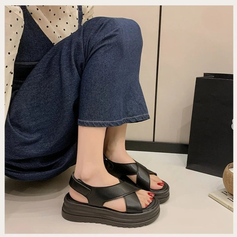Women's Summer 2026 Thick Heel Fashionable Outdoor Wear Platform Beach Roman Shoes Open Toe Roman Style
