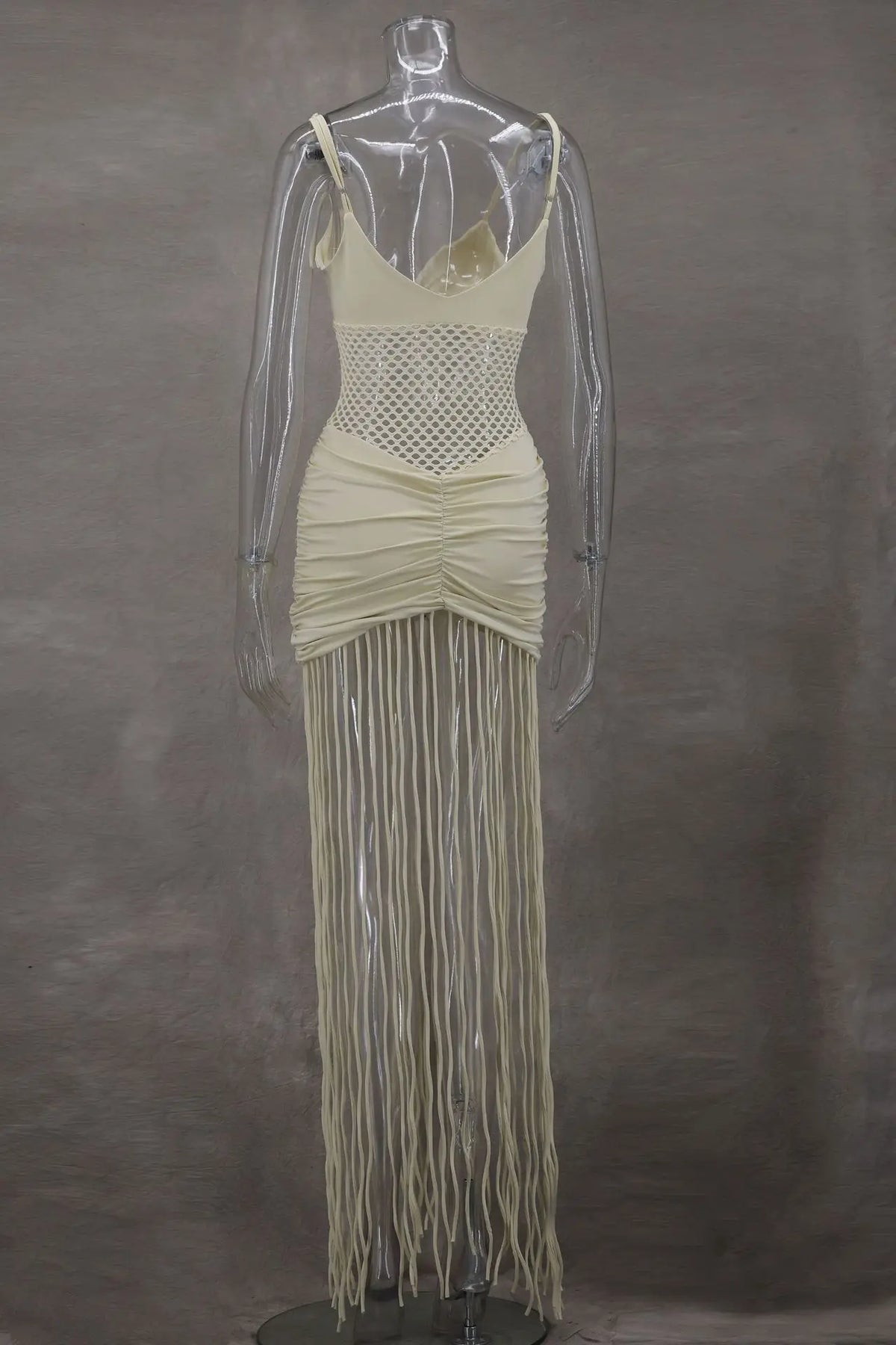 Tassel Hem Splicing Sling Dress Women Sexy Waist Hollow Out Stretch Pleated Bodycon Dresses Female Solid Summer Beach Party Robe