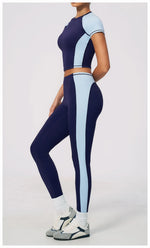 Nake Yoga Set Women's Tracksuit Color Contrast Short Sleeve Slim Sports T Shirts High Waist Leggings Fitness Clothes Gym Outfits