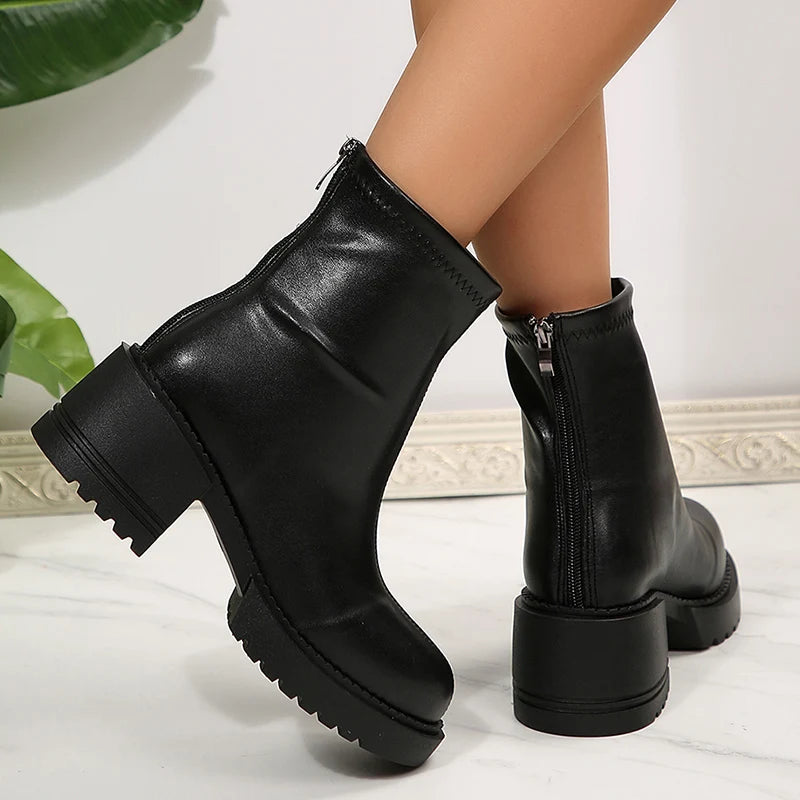 Fashion Thick Heels Ankle Boots Women 2025 Back Zipper Plus Size 35-42 Pu Leather Boots Woman Round Toe Platform Booties Mujer