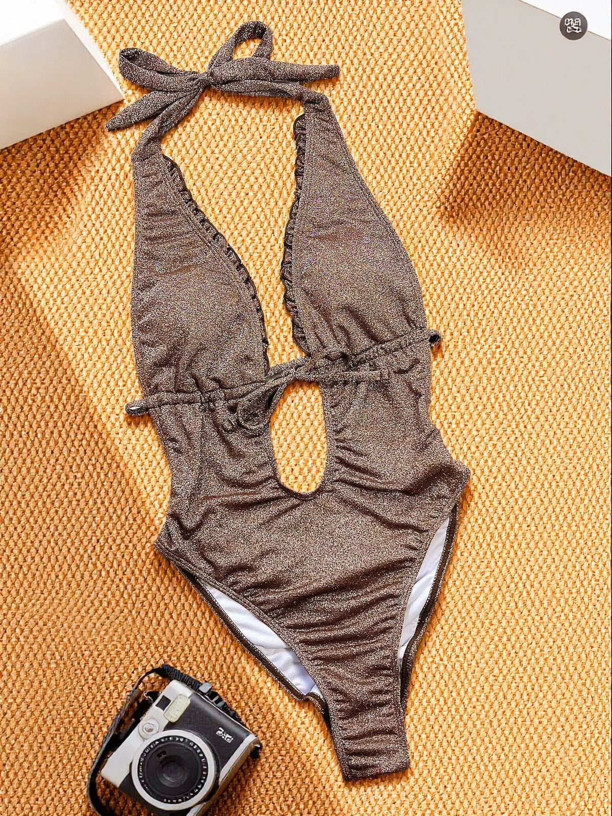 Sexy Coffee One Piece Swimwear Women 2026 Halter Front Tie V Neck Swimsuit Hollow Out Backless Bathing Suit Holiday Thong Bikini
